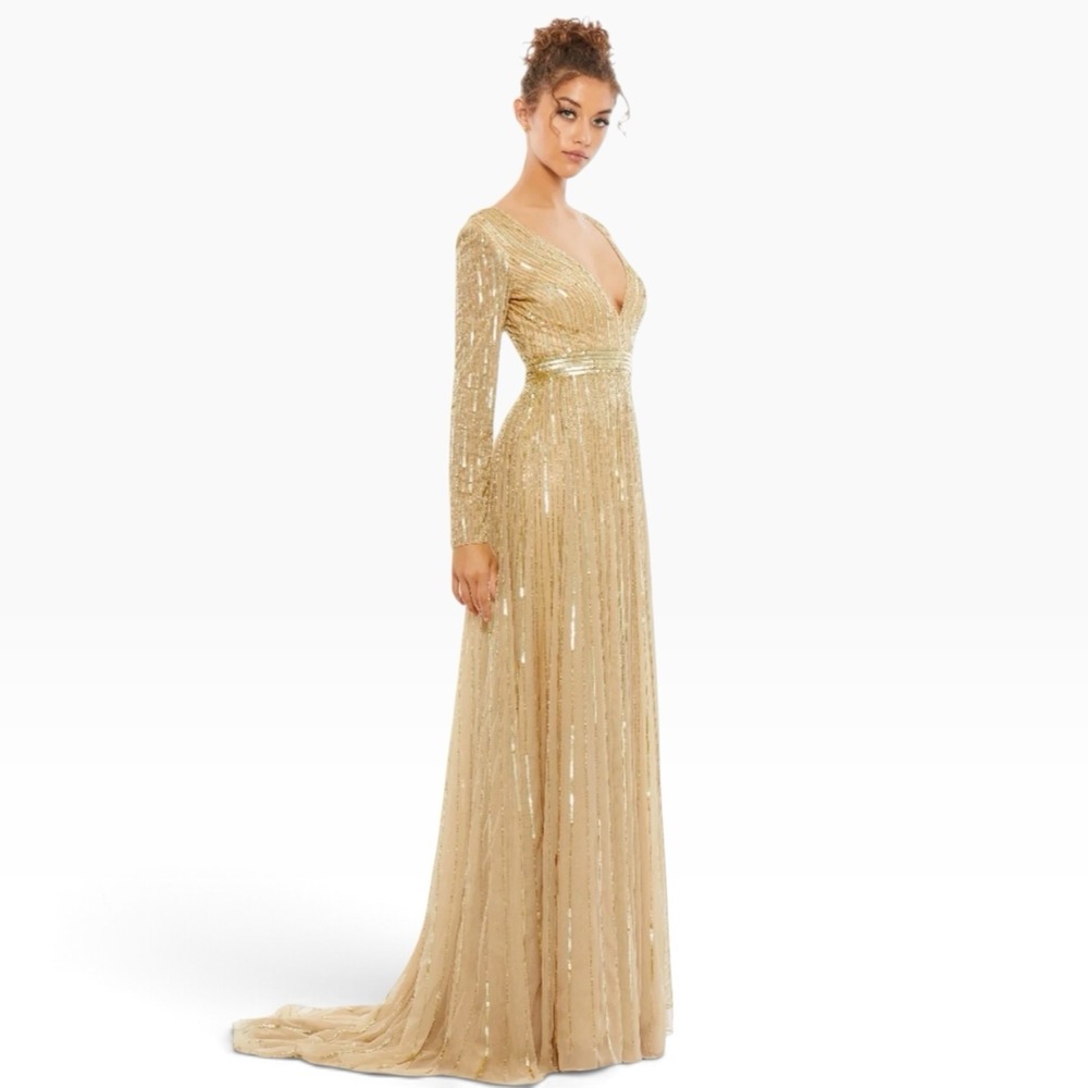 NWT Mac Duggal Sequined V-Neck Illusion Sleeve Gown Dress 4977 $598 Size 18